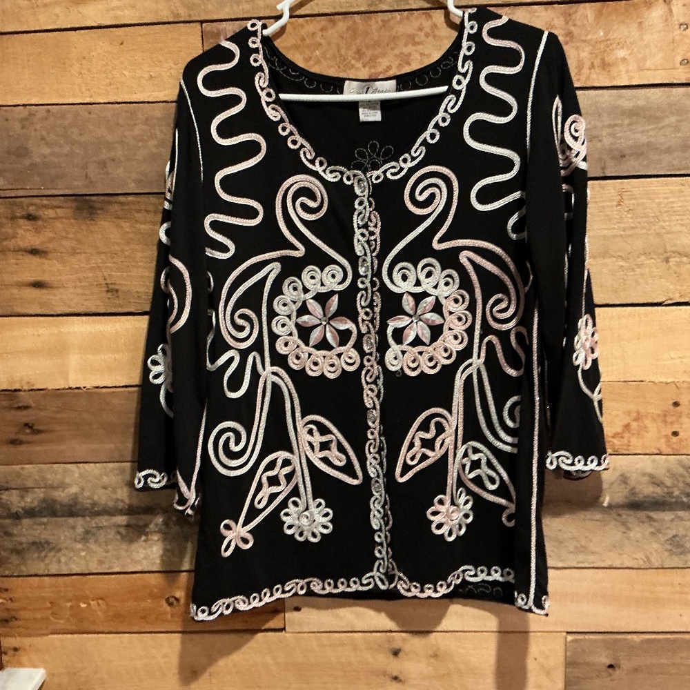 ONCE AGAIN Black TUNIC BLOUSE M Soutache EMBROIDERED 3/4 Sleeve Statement Piece
